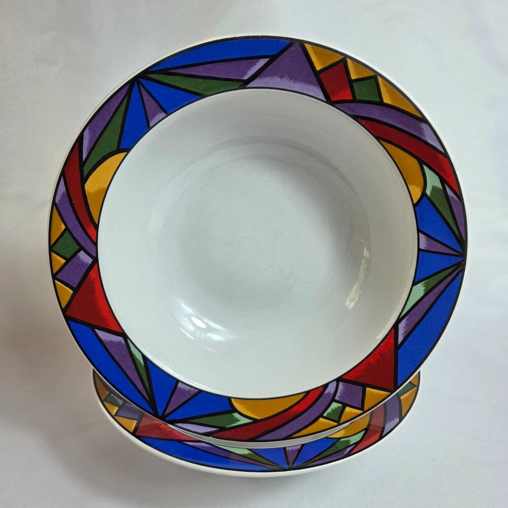 TWO Sakura Sunset Mountain Rim Soup Bowl White with Multicolor Border